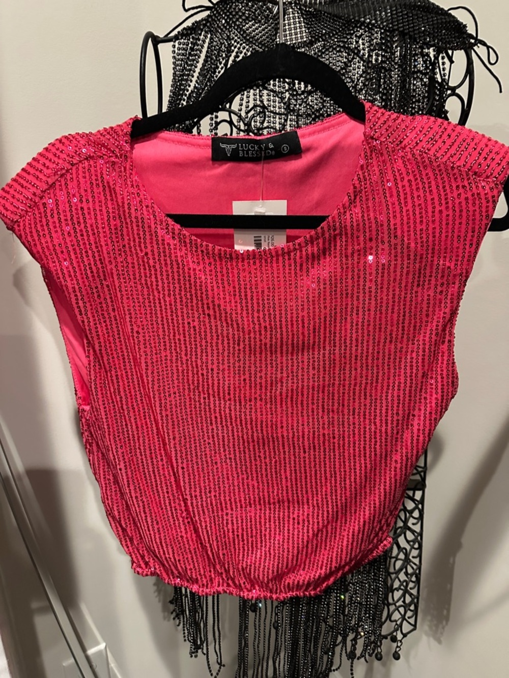 NWT Lucky & Blessed Bright Pink Sequin Crop Top